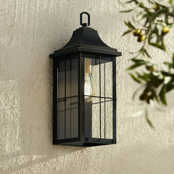 John Timberland Sunderland Vintage Outdoor Wall Light Fixture Black Warm Gold 18 1/2" Clear Glass Panels for Post Exterior Barn Deck House Porch Yard