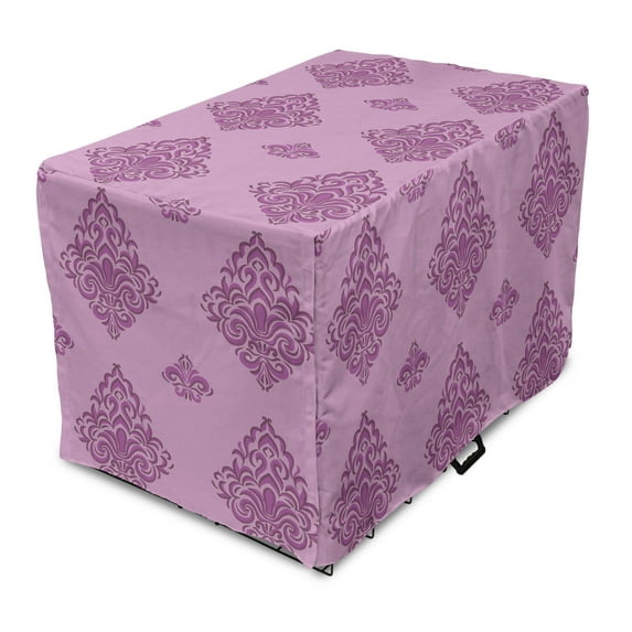 Damask Dog Crate Cover, Nostalgic Curvy Ornaments Purple Tones Illustration, Easy to Use Pet Kennel Cover Small Dogs Puppies Kittens, 7 Sizes, Pale Fuchsia Pale Mauve, by Ambesonne