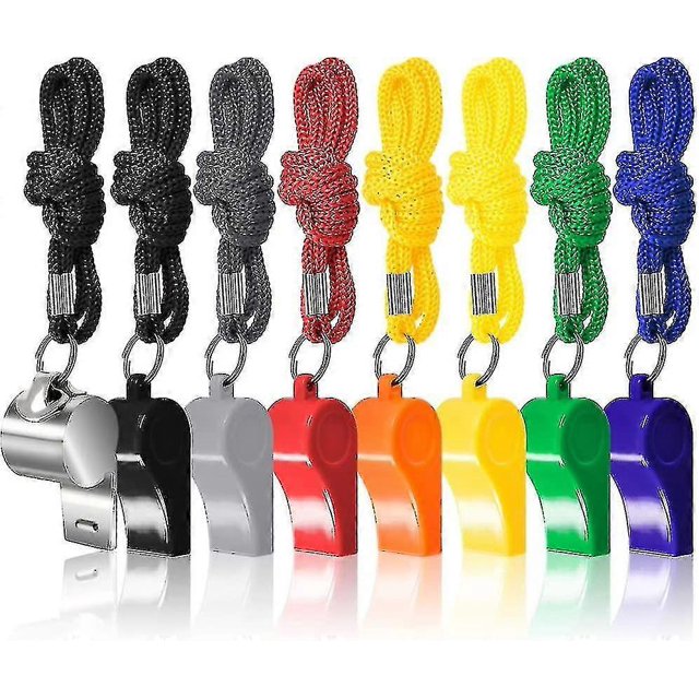 Paquete de 8 silbatos para entrenadores y árbitros con cordones, de plástico y acero inoxidable, ideales para socorristas deportivos.