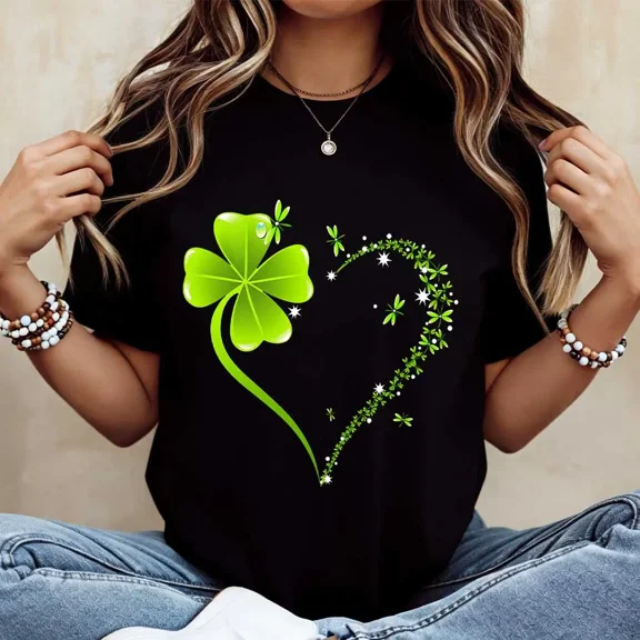 Crew Neck Graphic T-Shirt, Four Leaf Clover & Heart Print Tee, St. Patrick's Day Casual Celebration Top