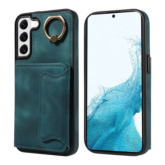 Case for Samsung Galaxy S22, PU Leather 3 Card Slots with Finger Ring Holder Shockproof Phone Case