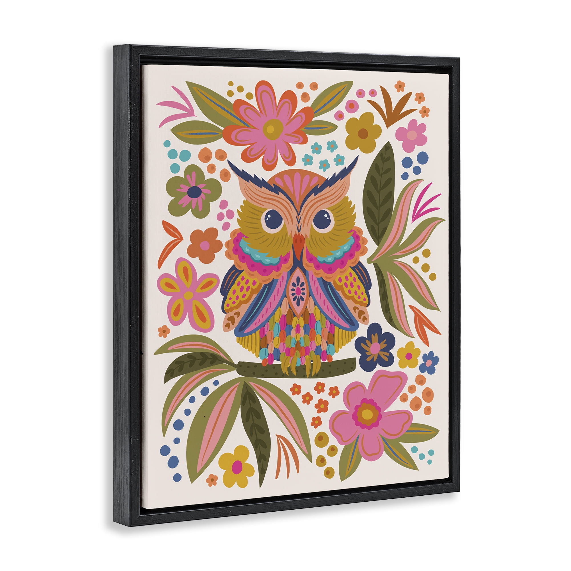 Stupell Industries Eclectic Owl & Flowers Animals Painting Black Floater Framed Canvas Art Print Wall Art, 25 x 31