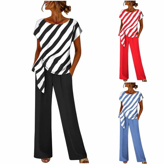 Women's 2 Piece Casual Outfit Diagonal Striped Asymmetrical Short Sleeve Top with Solid Color Elastic Waist Wide Leg Pants Breathable Daily Matching Set Red XL(XL)