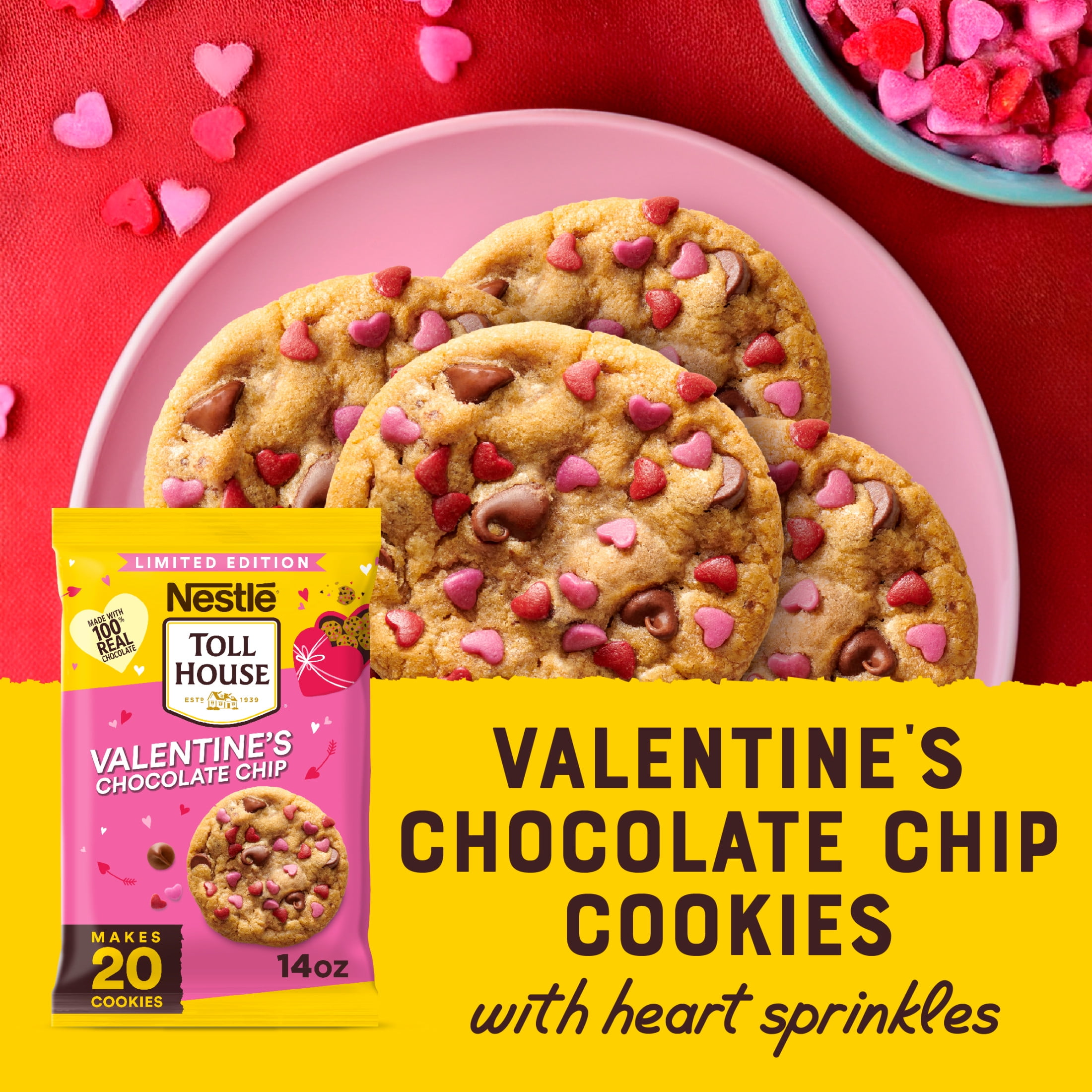 Nestle Toll House Ready to Bake Chocolate Chip Cookie Dough with Heart Sprinkles for Valentines Cookies, 14 oz