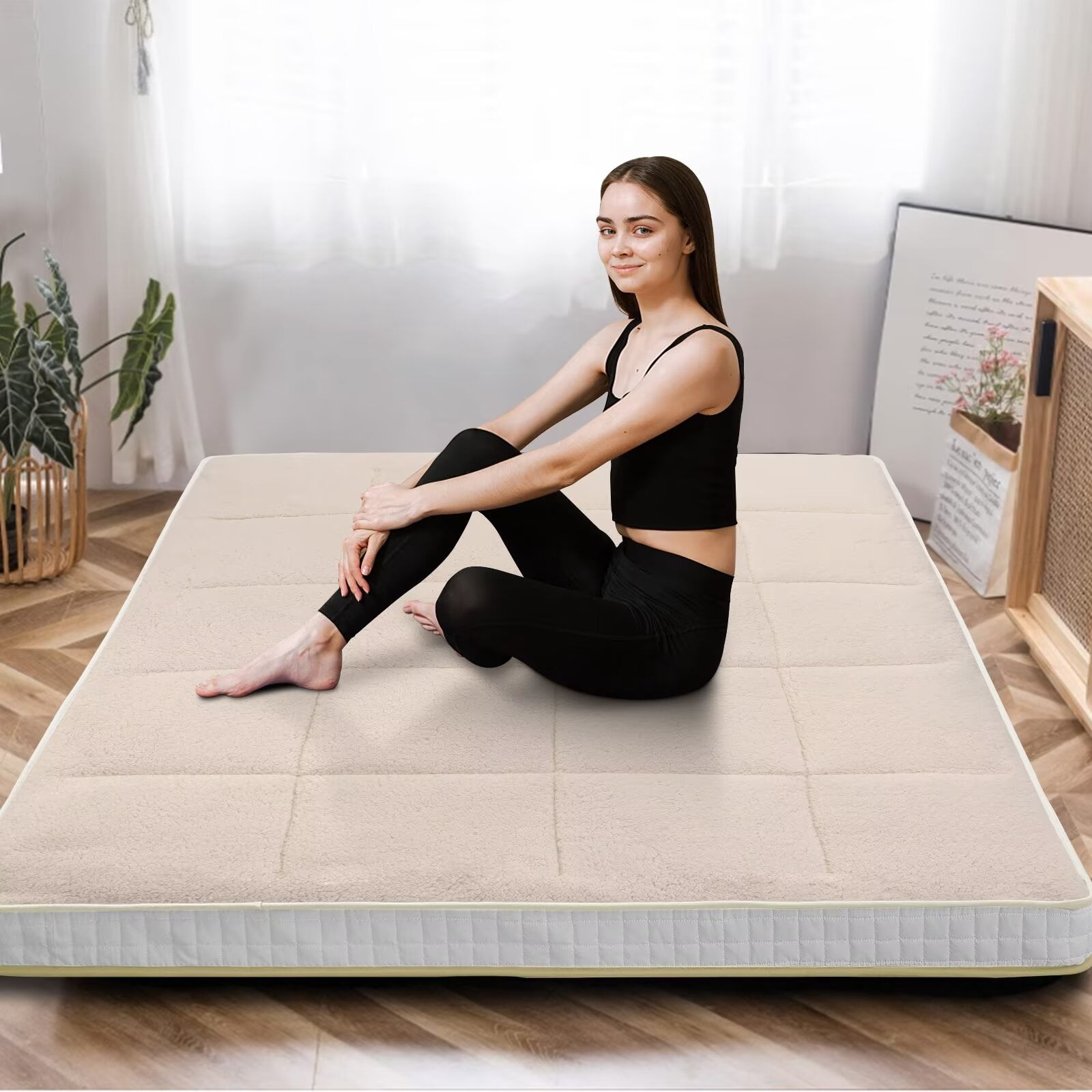MOPHOTO Upgraded Extra Thick Floor Mattress with Storage Bag,Japanese Futon Mattress,Folding Sleeping Padded Futon Mattress Portable Camping Mattress,Beige,Twin