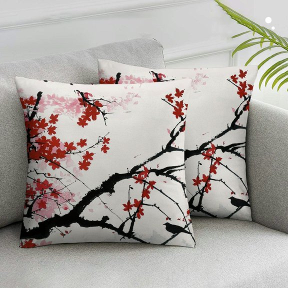Acheng Throw Pillow Covers Cherry Blossom Flower Red Square Pillowcase for Home Decor Sofa Car Bedroom Pillow case,2 Pcs White