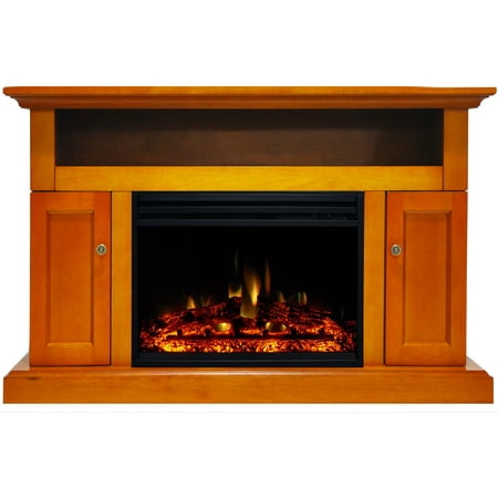Cambridge Sorrento Electric Fireplace Heater with 47-In. Teak TV Stand, Enhanced Log Display, Multi-Color Flames and a Remote