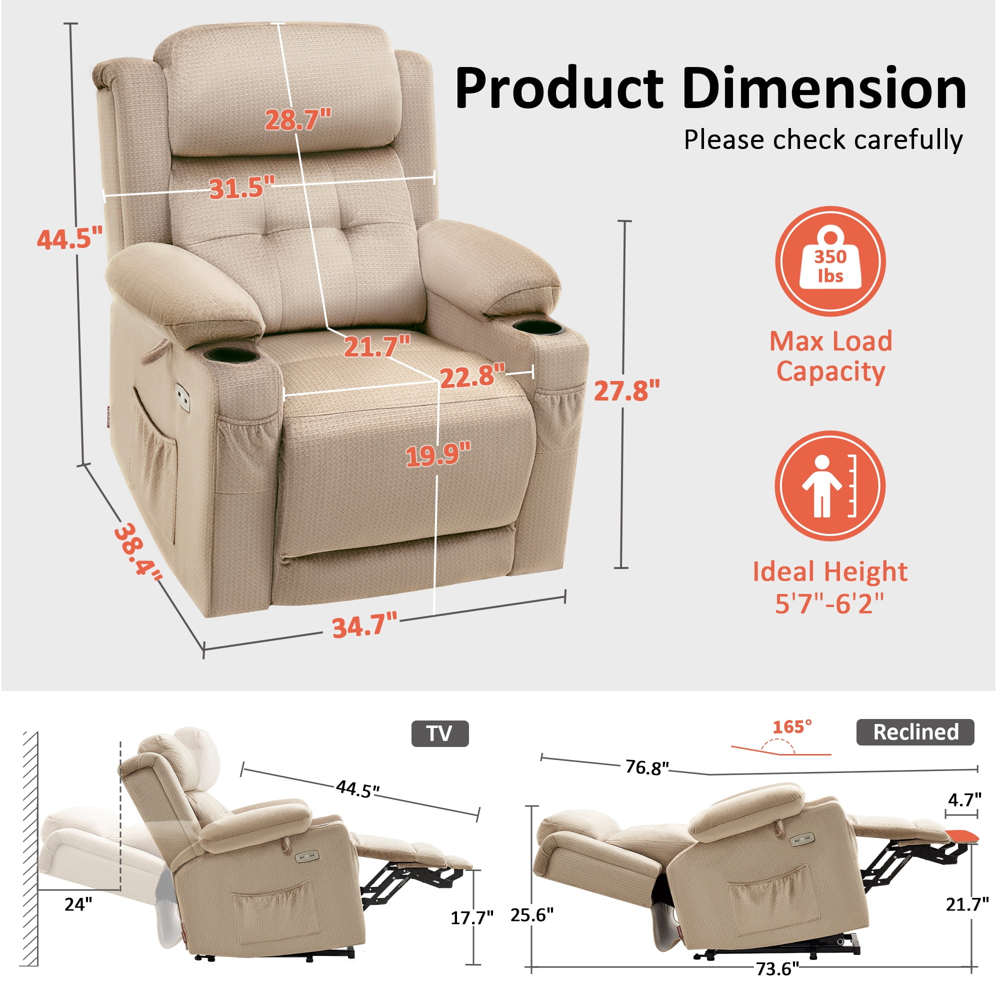 MCombo Lay Flat Triple Motor Power Lift Recliner for Big and Tall, Adjustable Headrest, Fabric(Beige)