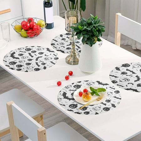 

Round Grid Placemat One Sizex6 Round Placemat PVC Plate Mat，15.4 Inch Non-Slip and Heat Resistant Table Placemat Dining Room Placemat Black Halloween Elements