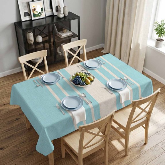 Sky Blue Vertical Stripes Rectangle Tablecloth 60x84 Inch Classic Striped Linen Waterproof Polyester Table Cover, Washable Stain Resistant Tablecloth for Dining Table Kitchen Wedding