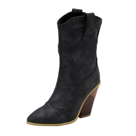 B91xZ Cowboy Boots Women Mid Calf Low Kitten Heel Suede Pointed Toe Stretch Fall Fashion Dressy Booties,Black 8