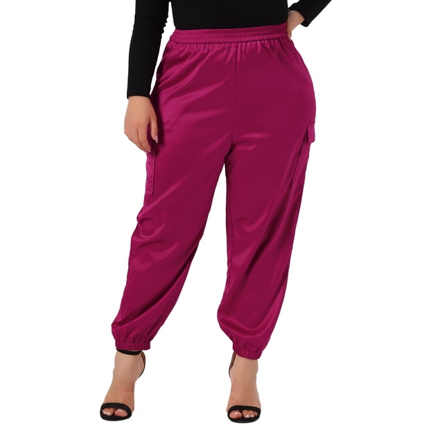 Pantalones cargo de satén para mujer de tallas grandes Agnes Orinda con cintura elástica y bolsillos, longitud hasta el tobillo, 4X, color rosa intenso