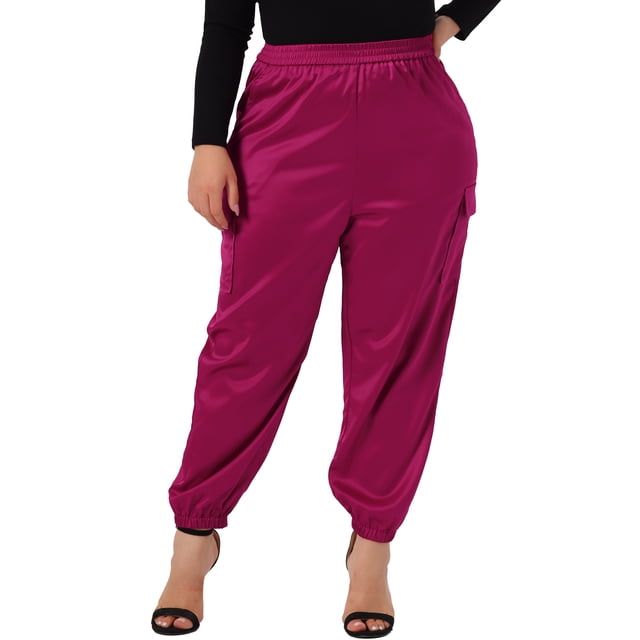 Pantalones cargo de satén para mujer de tallas grandes Agnes Orinda con cintura elástica y bolsillos, longitud hasta el tobillo, 4X, color rosa intenso
