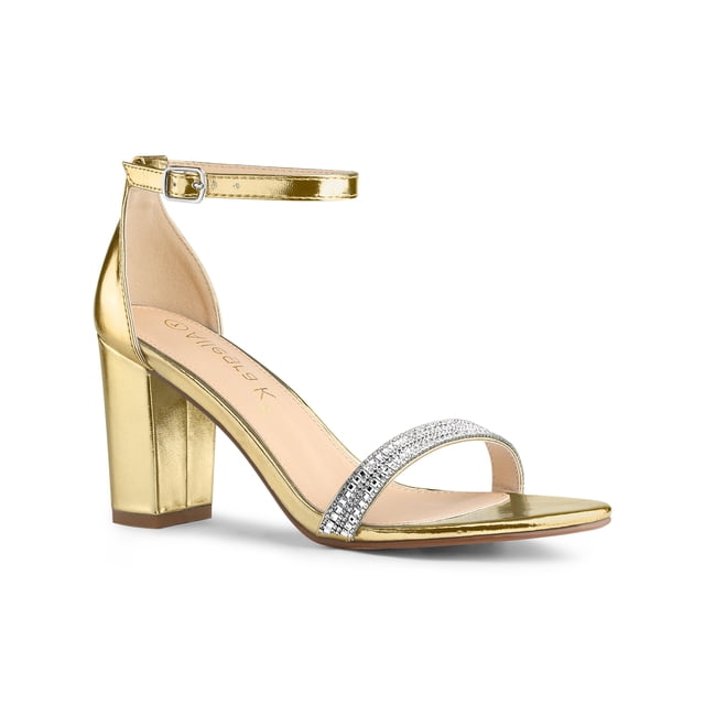 BLISSFUL STEP Women's Sandals Rhinestone Chunky Heel Ankle Strap Open Toe Party Shoes Gold 7