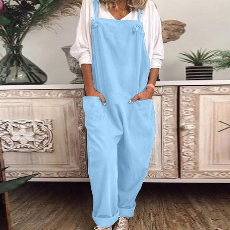 UHUYA Jumpsuits for Women Overalls Casual Loose Dungarees Romper Baggy  Playsuit Cotton And Linen Jumpsuit Plus Size Pants Light Blue XXL US:12