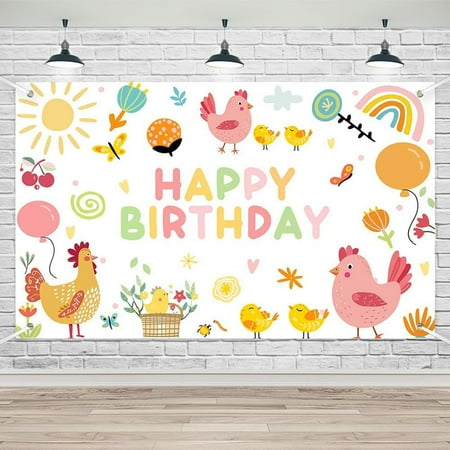 7x5FT Chicken Theme Happy Birthday Party Backdrop Happy First Birthday Decorations for Girls Farm Animals Theme Newborn Baby Photo Backdrop Supplies