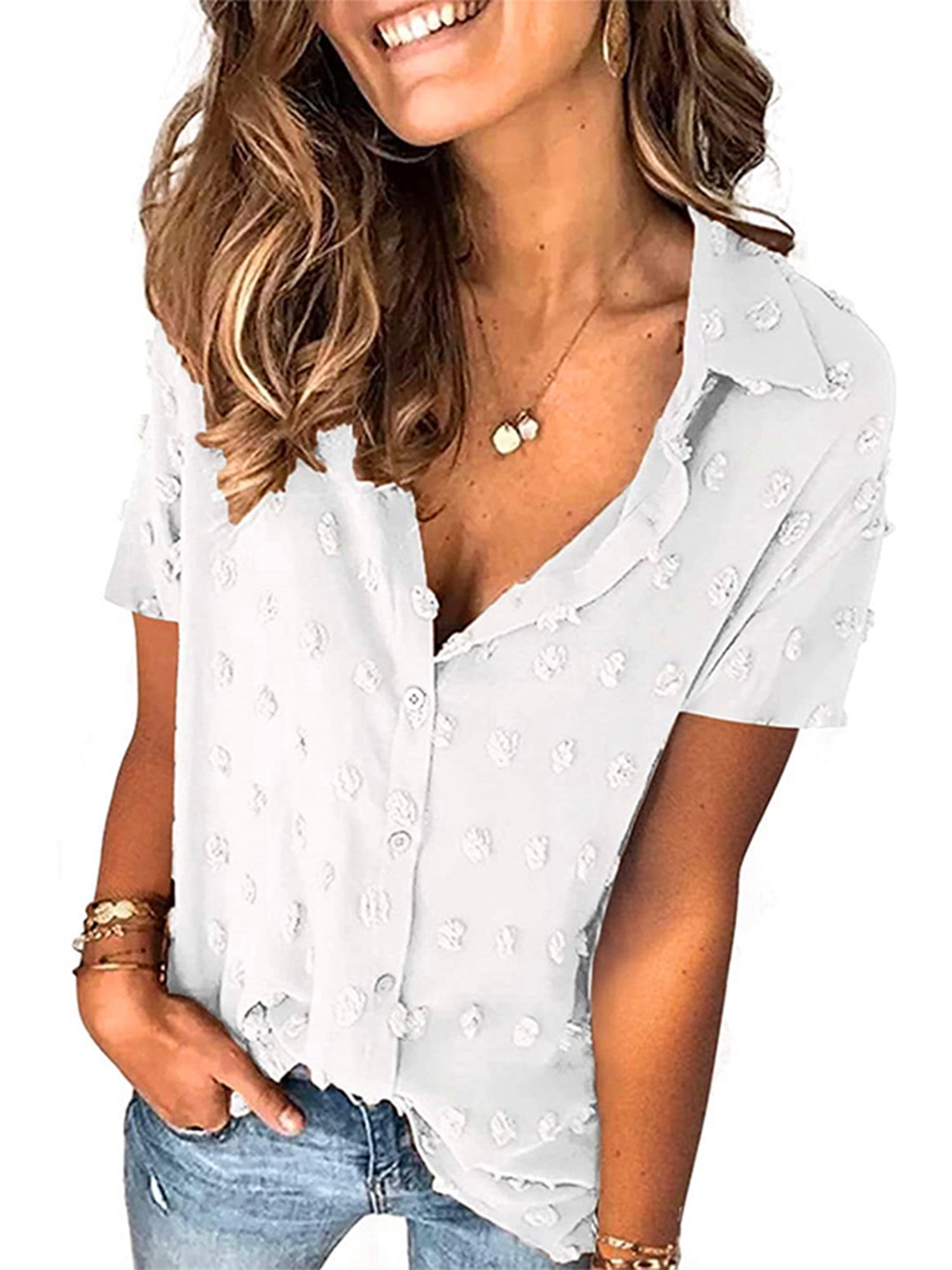 Sidefeel Women Printed V Neck Cuffed Sleeve Shirt Loose Casual Blouse Tops 