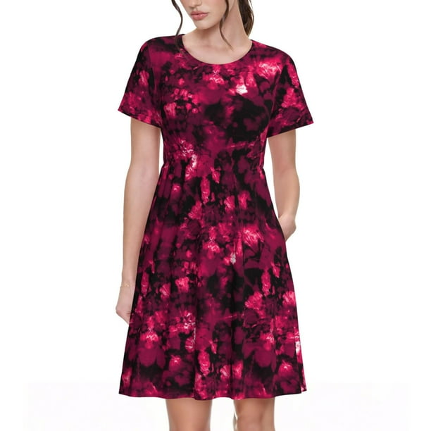 Balery Burgundy Tie Dye Vestidos sueltos de manga corta para mujer, vestidos de verano 2025, vestidos casuales de corte A con vuelo.