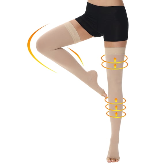 Ailaka 20-30mmHg Thigh High Compression Socks, Open Toe Graduated Pressure with Silicone Band for Varicose Veins, Edema, Post-Surgery, 1 Pair for Men Women
