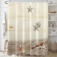 thumbnail image 1 of Cortinas de ducha de playa, cortinas de baño con estrellas de mar y conchas, cortina de baño con temática oceánica, tela impermeable con 12 ganchos, 182 x 182 cm, 1 of 6