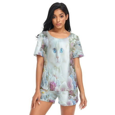Women Pajama Sets Short Sleeve Sweatshirts White Cat with Blue Eyes Casual Tops and Shorts