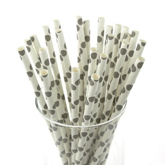 Large Dots Paper Straws, 7-3/4-inch, 25-Piece, Silver/White