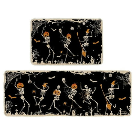 

BINGLI Halloween Kitchen Carpet Set 2 Pcs Non-Slip Halloween Rugs Bats Black Cats Boo Pumpkin Mats Home Decor Halloween Decor Holiday Kitchen Rug Sets