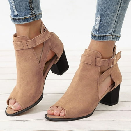 

Egmy Women s Plus Size Suede Chunky Heel Buckle Sandals Round Head Fish Mouth Shose