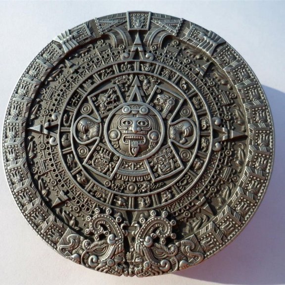 BC Pewter Aztec Calendar Belt Buckle, Mayan Indian Detailed, New with Box/Tags