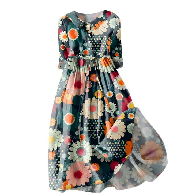 Pisexur Robes d'Été pour Femmes Mode Bohème à Imprimé Floral Robe Maxi Tunique Décontractée Taille Élastique Robe Soleil Col Rabattu Boutonnée Longue Robe Manches 3/4 Col en V Fluide Coton Lin Robe de Plage