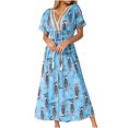 thumbnail image 1 of Pompotops Femmes Casual V-Cou Épissage Manches Courtes Impression Robes Cheville, 1 of 9