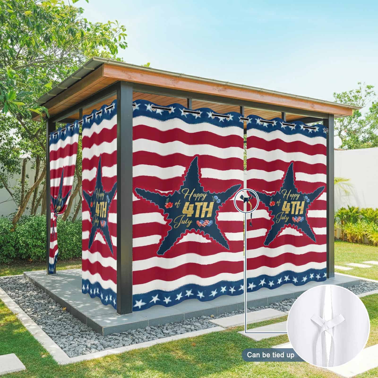 Gold Happy of 4th July Outdoor Curtains for Patio, Rustic Red Blue Star Stripes Sunshade Privacy Drapes Grommet Waterproof Outside Curtains for Porch/Cabana/Balcony 54"x 108", 1 Panel