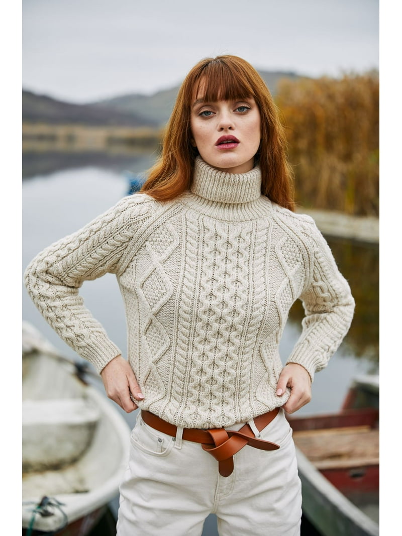 SAOL Aran Women's Irish Sweater 100% Merino Wool Fisherman Cable