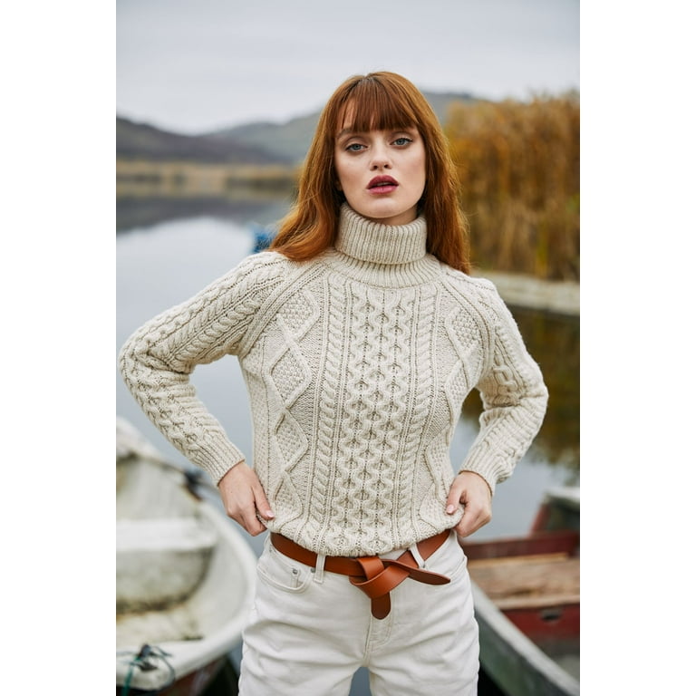 SAOL Aran Women's Irish Sweater 100% Merino Wool Fisherman Cable Knit  Turtleneck Pullover Made in Ireland