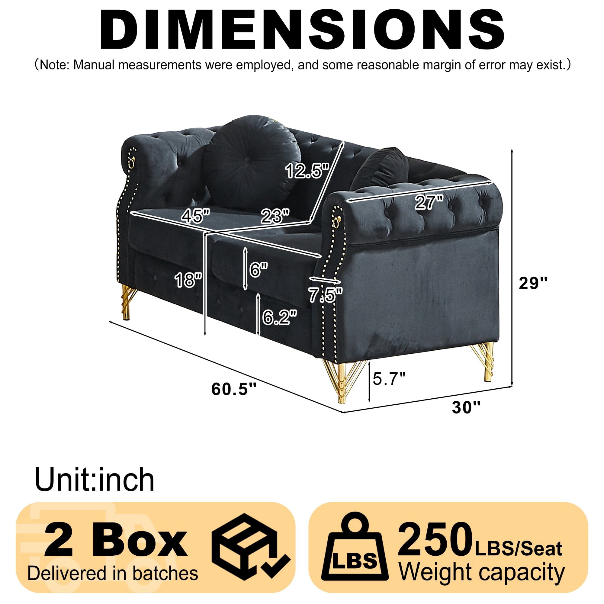 Sailvan 60.5" Velvet Chesterfield Loveseat, 2-Seater Tufted Sofa with Nailhead Trim, Gold Metal Legs & 2 Round Pillows for Living Room Black