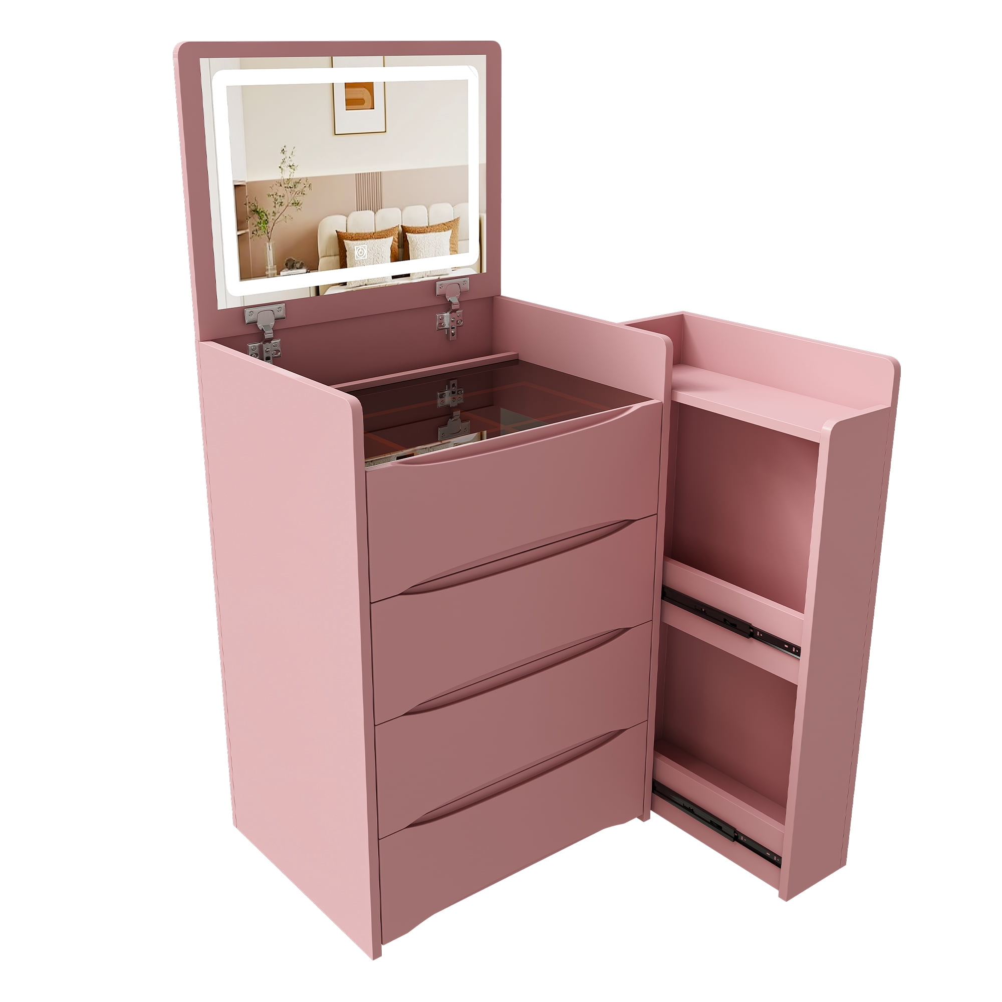 3-in-1 Flip Mirror Vanity Desk with Lights & Storage, Makeup Dressing Table with Adjustable LED, Side Sliding Tray and Stool, Space-Saving Furniture for Bedroom(Pink)