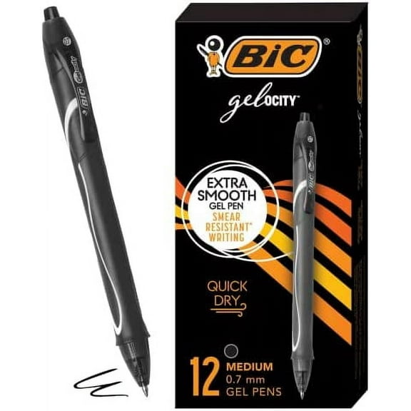 BIC Gel-ocity Quick Dry Black Gel Pens, Medium Point (0.7mm), 12-Count Pack, Retractable Gel Pens With Comfortable Full Grip