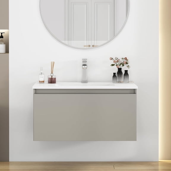 Censi 32-Inch Grey Painted Bathroom Vanity Cabinet with Ceramic Basin, Soft-close Drawer, Plywood Material(Grey)