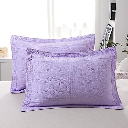 100% Cotton Quilted Pillow Sham Floral Printed Pillow Cover (King, Purple)