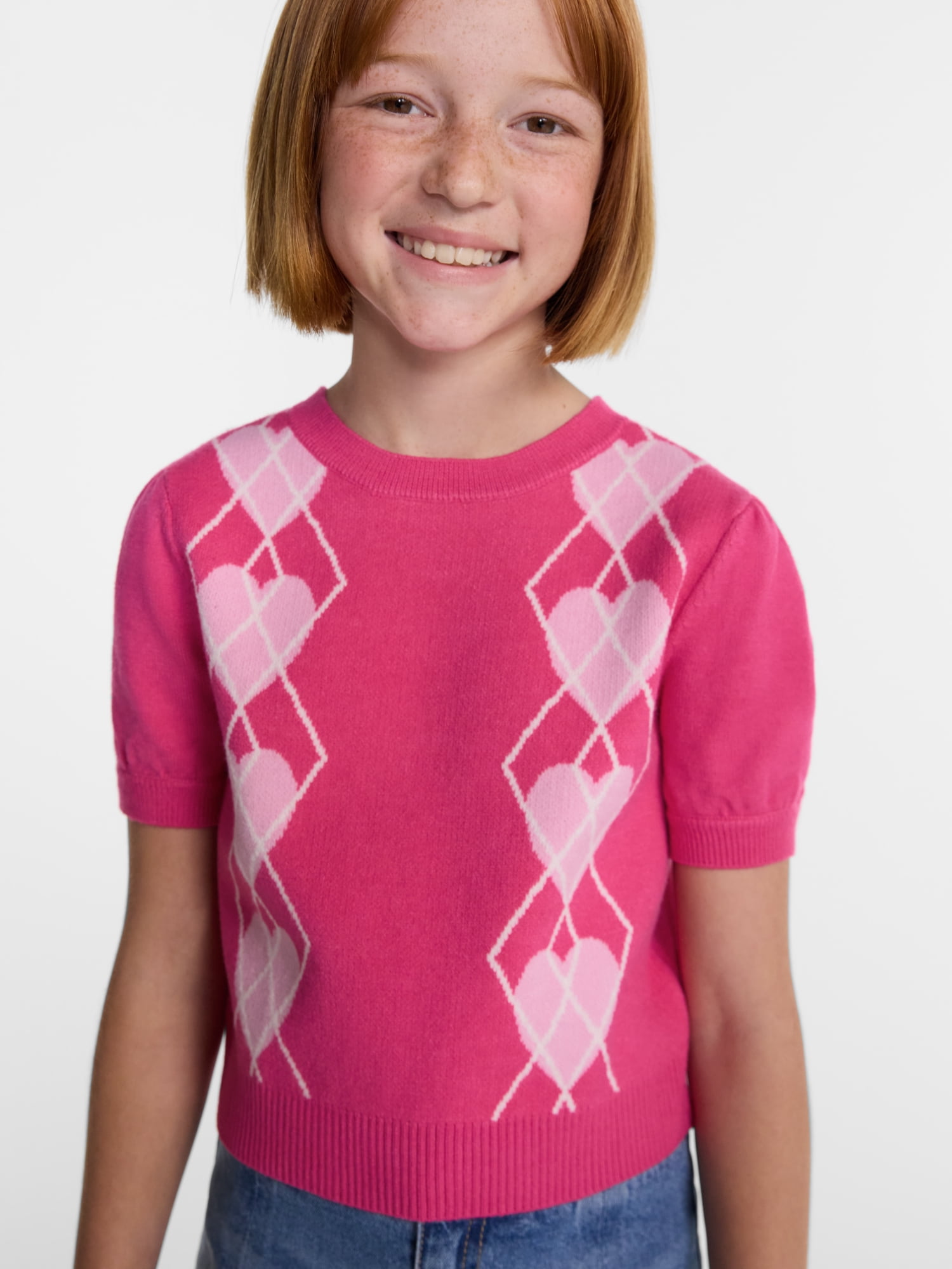 Wonder Nation Girls Argyle Sweater with Short Puff Sleeves, Sizes 4-18