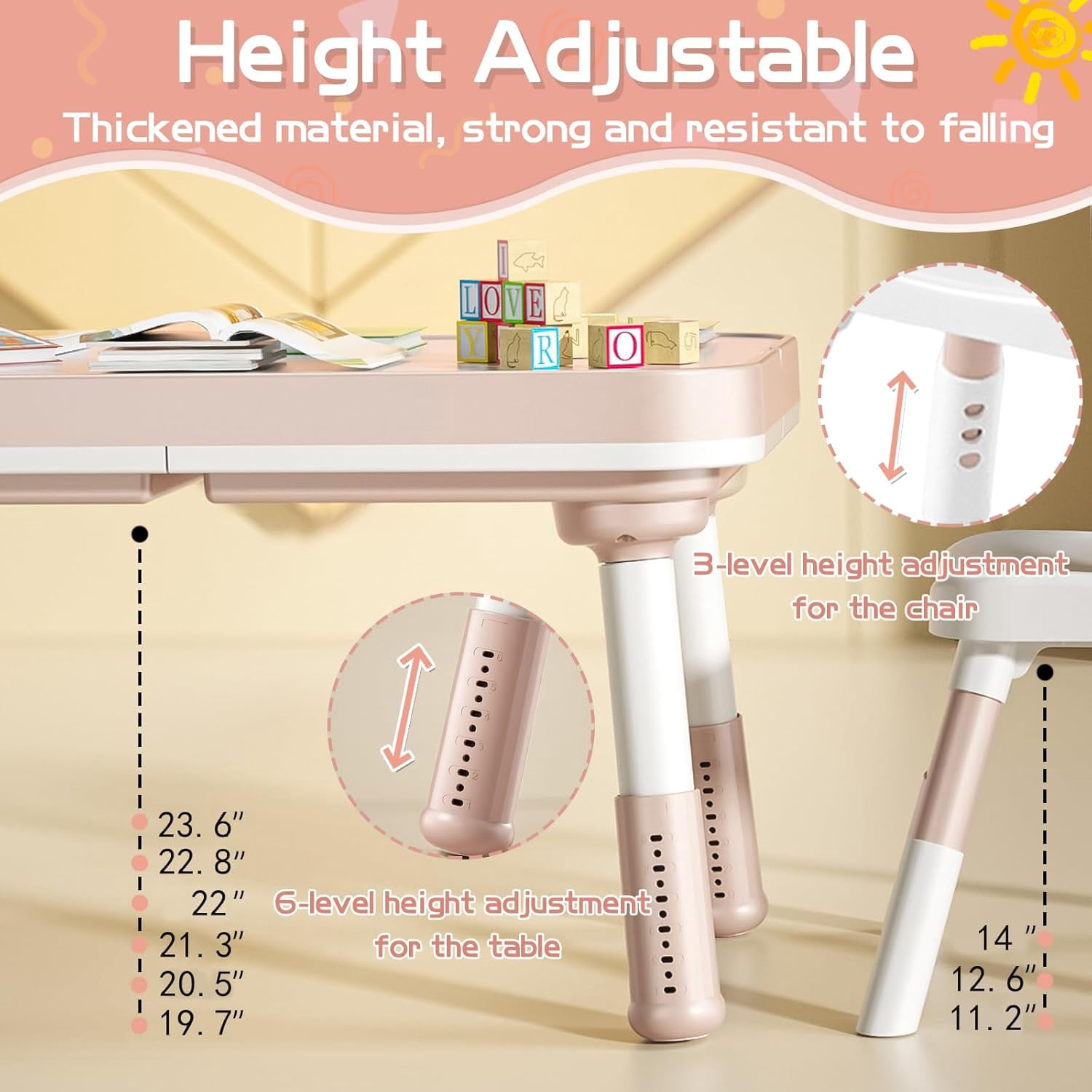 NEORIVER Kids Table and Chair Set with Storage – 5-in-1 Height Adjustable Toddler Activity Table & 2 Chairs for Building Blocks, Drawing, Reading, Dining, Sand & Water Play