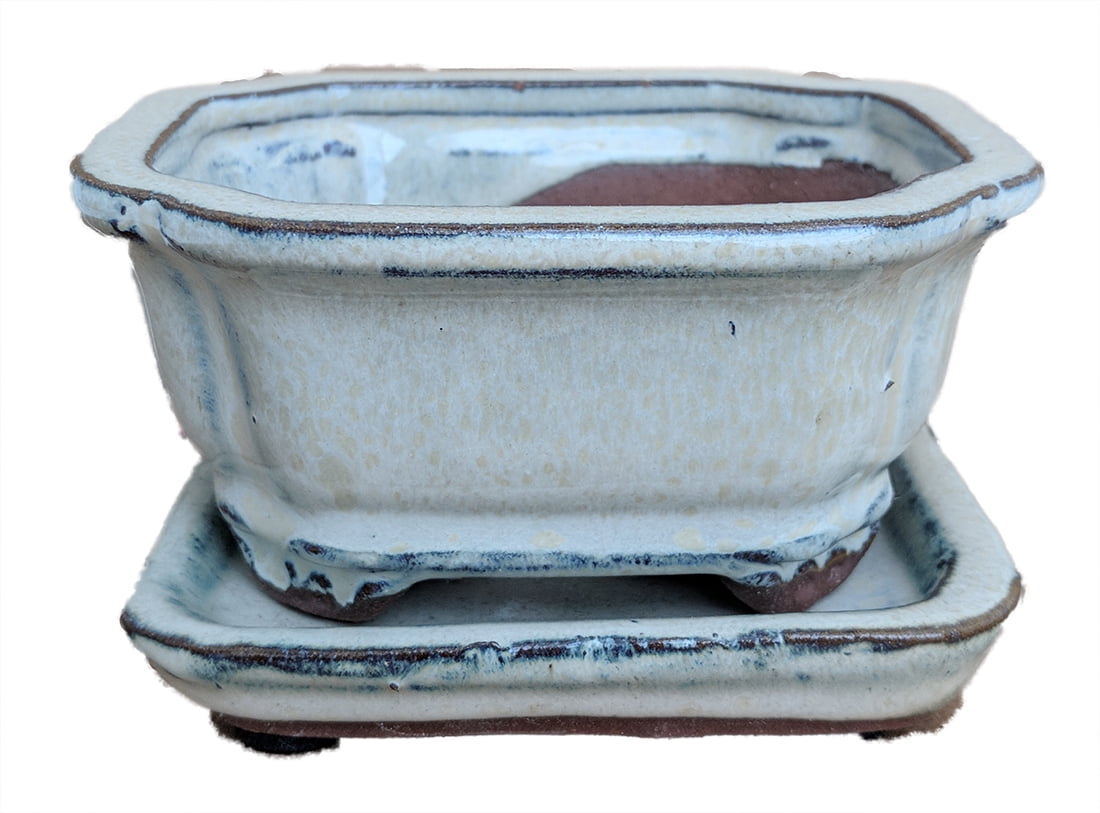 Small Ceramic Bonsai Pot plus Saucer Beige Flared Rect4" x 3 3/8" x