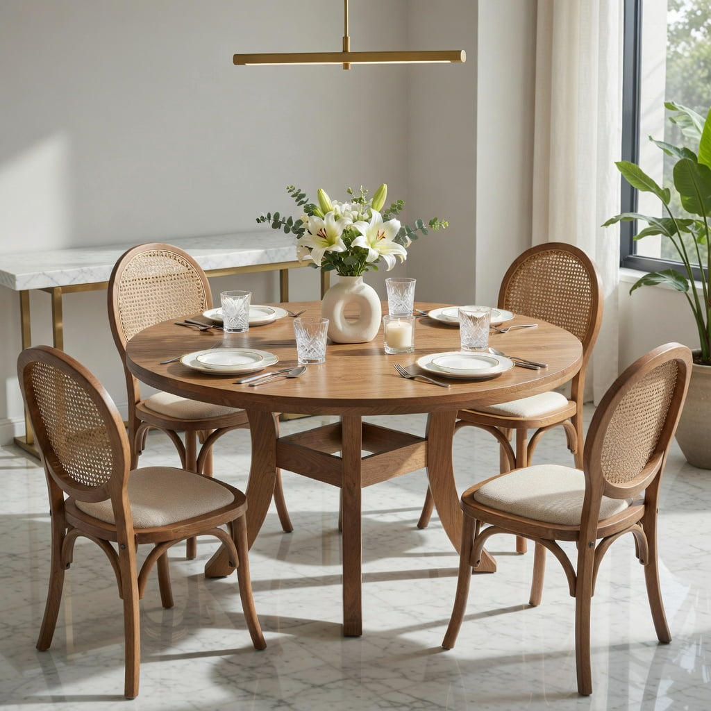Hommoo Solid Wood Round Dining Table 47 Inch, Farmhouse Kitchen Table with Curved Splayed Legs for 4-6 People, Natural