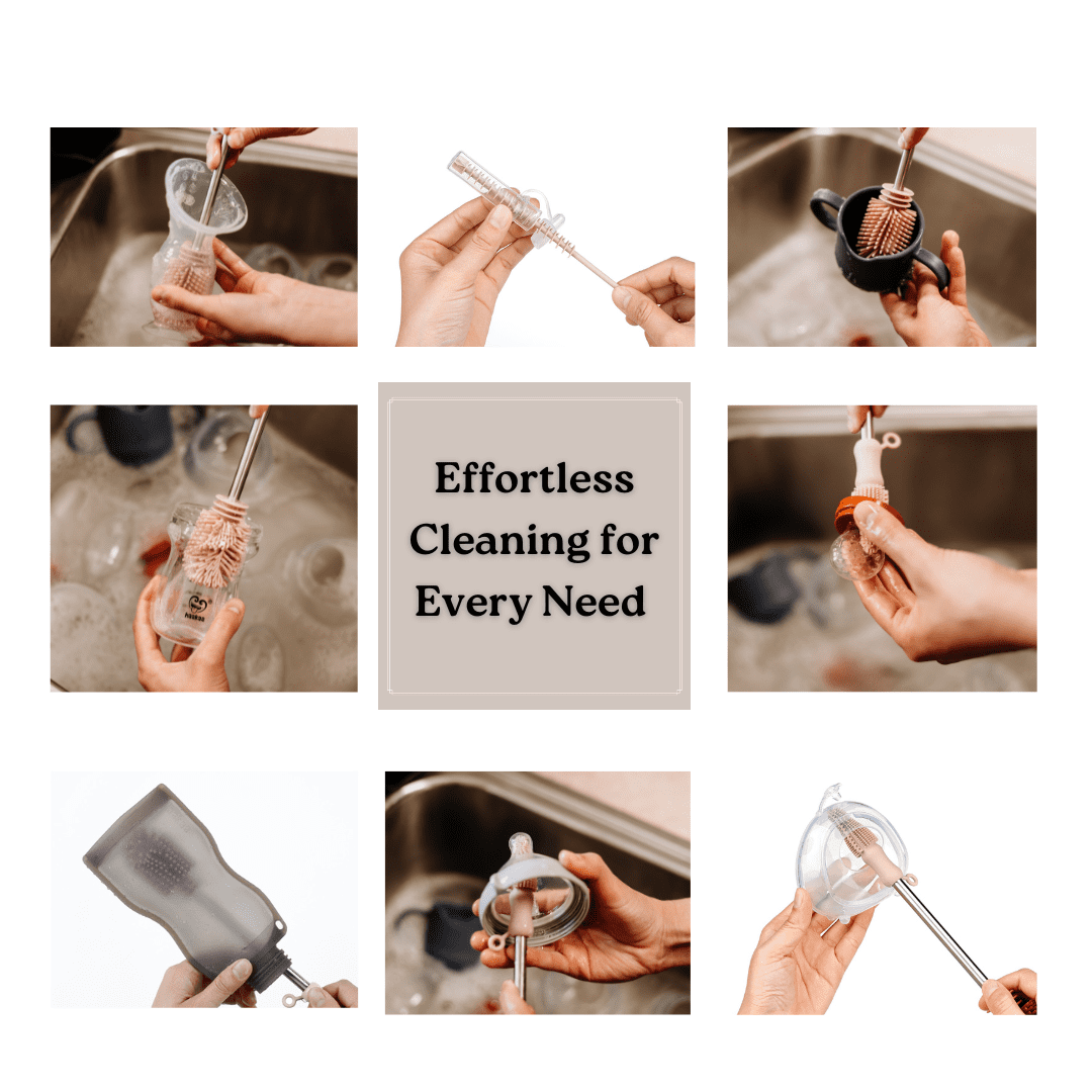 Haakaa Blush Silicone Cleaning Brush Kit – Multifunction 3-Piece Set for Bottles, Pumps & Accessories - Blush