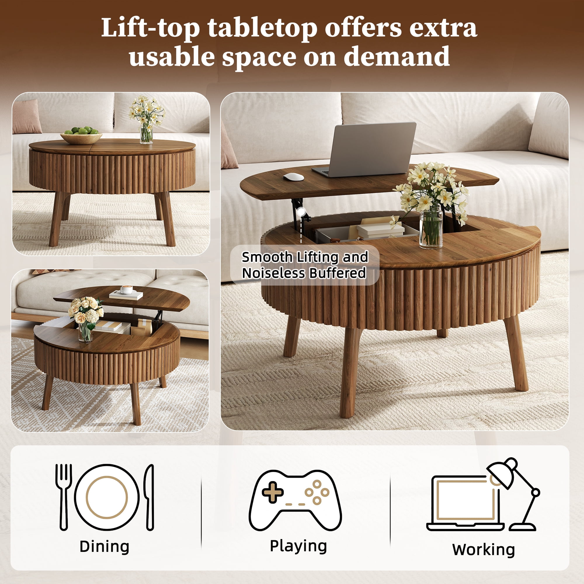 30.3-Inch Round Lift-Top Coffee Table with Half Flip-Top and Hidden Storage, Mid-Century Fluted Wood Center Table and Side Table for Living Room, Walnut
