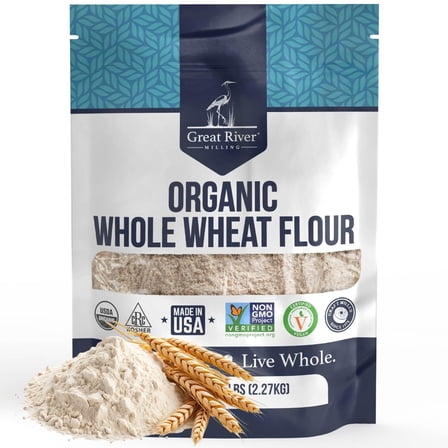 Great River Organic Milling Organic Whole Wheat Flour  Unbleached & Unbromated  High Protein & Fiber  Non-GMO, Kosher  Perfect for Sourdough, Bread, Rolls & Baking  5 Lb