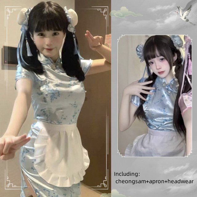 Disfraz chino de sirvienta Cheongsam para mujer, traje de mucama de Lolita, delantal, vestido, uniforme, muñeca china, juego de rol, Sexy, 3 piezas