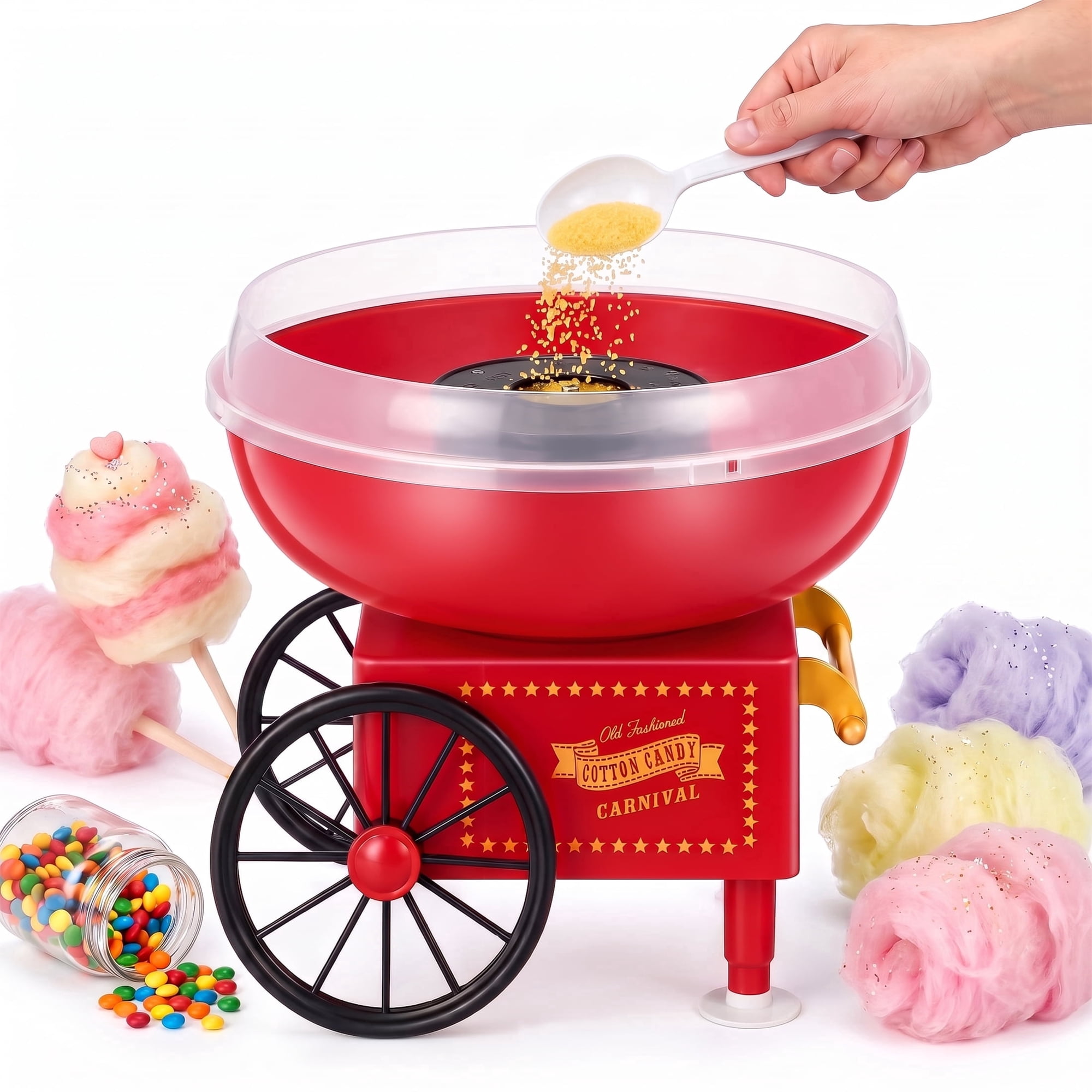 Suodoka Retro Cotton Candy Machine, Vintage Red Cart Candy Floss Machine with Scoop and Sticks for Parties & Events