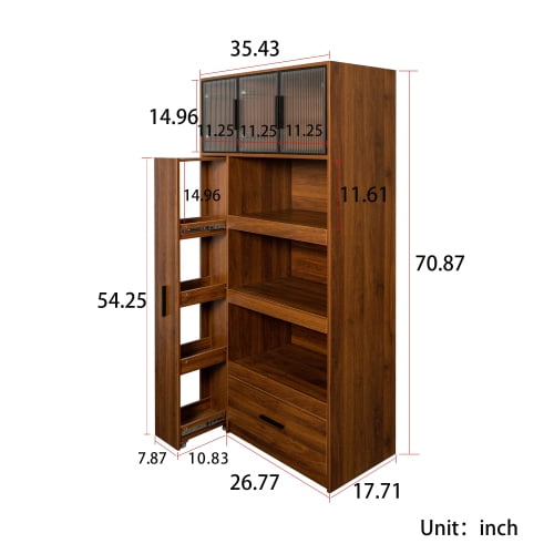 Tall Kitchen Pantry Cabinet with Pull Out Shelf, Modern Freestanding Storage Organizer with Drawers, Microwave Stand for Dining Room, Living Room, Walnut