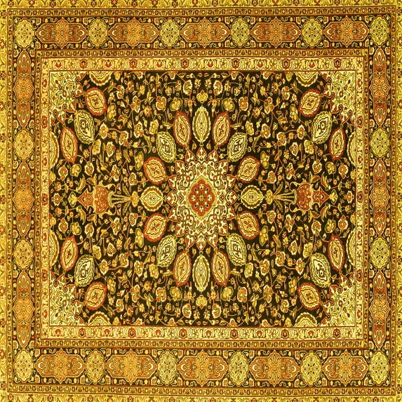 Ahgly Company Machine Washable Indoor Square Medallion Yellow Traditional Area Rugs, 8' Square